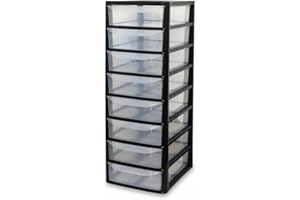 Khanary Plastic Storage Drawer A4 Medium Storage Box Multipurpose Office Desktop Tabletop Counter School Bedroom Garage Kids Room Clear Black & Silver (Black Clear, A4 8 Tier Small Black Clear)