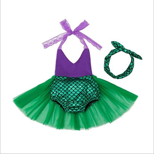 Baby Girls Mermaid Romper Dress Headband Lace Halter Neck Outfits Clothes Jumpsuit Swimwear