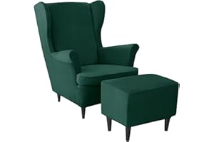 JHLD Samt Stretch Husse für Ohrensessel Mit Ottomane Schonbezug, Husse für Ohrensessel Ottomane Bezug 3 Stück weiche Ohrensessel Schonbezug Abnehmbare Waschbar -dunkelgrün-3 Stück