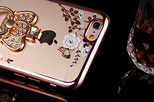 iPhone 6S Plus Hülle,iPhone 6 Plus Hülle,ikasus® TPU Silikon Hülle Schutz Handy Hülle Case Tasche Etui Bumper Crystal Case Hülle für Apple iPhone 6S / 6 Plus (5,5 Zoll) [Phone Ständer Holder] Durchsichtig mit Glänzend Glitzer Kristall Strass Diamanten Blumen Muster Überzug Plating Bumper Stoßdämpfend Transparent TPU Silikon Schutz Crystal Durchsichtig Schutzhülle Handyhülle Schale Etui Protective Case Cover – Rose Gold Weiße Blumen mit Strass-Steinen Krone Ring-Ständer - 5