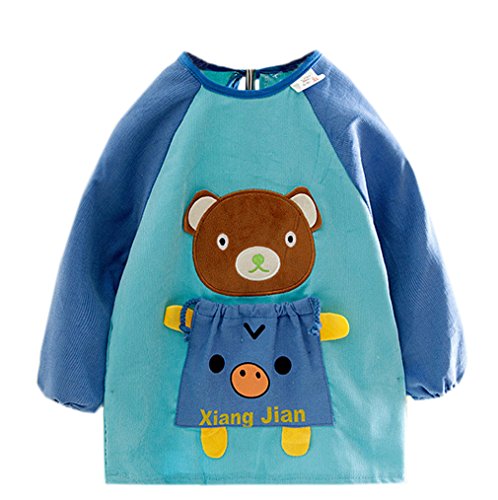 La Vogue Baby Front Bear Bib Pocket Apron Long Sleeve Smock Acid Blue Bust 40cm