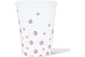 ZVK Gobelets en papier jetables, 12 Gobelets 250ml Blanc avec à pois Or rose, Gobelets de fête pour boissons chaudes ou froides, thé, café, soda