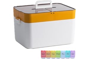 NCRGB Aufbewahrungsboxen mit Deckel 28,5x21x21cm(Gelb mit Pillendose)Tragbare Kunststoffe Erste Hilfe Box,Medizinbox Hausapotheke Box,Aufbewahrung Großer Medizinkoffer Doppelschichtiger Aufbewahrungskoffe