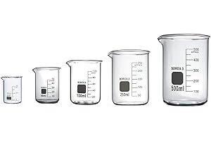Rocwing 25+50+100+250+500ml Boro 3.3 Glass Graduated Measuring Beaker for Lab or Kitchen 5 in a Pack