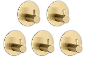 HOUSKITCH Ganchos Adhesivos Para Pared,5 Colgadores Adhesivos Resistentes, Perchas Adhesivas Para Baño o Cocina, Ganchos de Acero Inoxidable, Colgador de Pared Adhesivo, Resistencia y Durabilidad (DORADO)