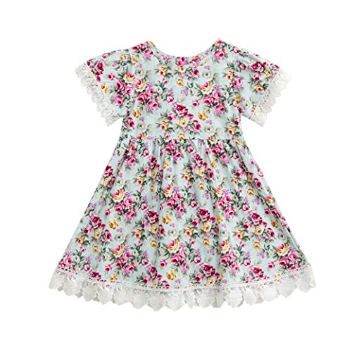 Beikoard Robe de Fille, Vetement Bb Fille Robe Imprime Robe de Princesse Robe en Dentelle Jupe de Plage Robe  Manches Courtes pour 1-6 Ans Fille