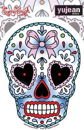 Sunny Buick, Old Skool Hearts &amp; Bows, Valentine Sugar Skull Sticker Decal - 3.75" x 5" Die-Cut - Weather Resistant, Long Lasting for Any Surface