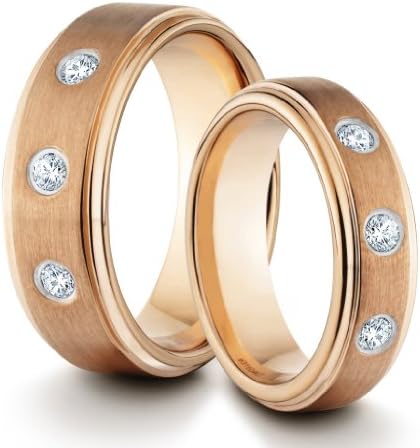 His & Her's 8MM/6MM Tungsten Carbide Brushed & Polished Rose Gold Comfort Fit Wedding Band Ring Set w/ 3 CZ Diamonds (Available Sizes H - Z+2)
