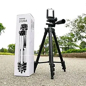 PROVENT Foldable Aluminium Tripod for Mobile Phone & Camera 3120 Tripod Stand Adjustable and Foldable Tripod Stand with Mobile Clip Holder 360 mm Black Metal