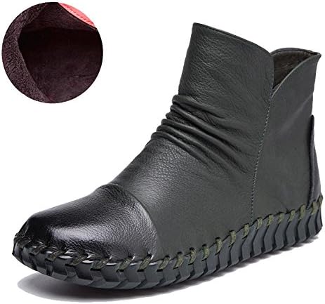 Female Boots Handmade Sewing Retro Short Thicker Plush Leather Zipper Flat Heel Warm Casual Shoes . Green . 39