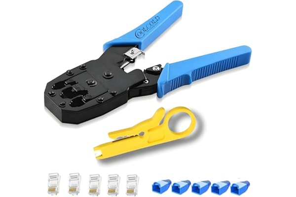 COOLCOLD 3-in-1 RJ45 Crimping Tool Kit Wire Stripper, Cutter & Crimper for RJ45, RJ11, RJ12, Cat5e/Cat6 LAN Cable with 5 Connectors & 5 Boot Covers Blue/Green