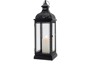 TRIROCKS Lanterna in metallo in stile rustico, grande lanterna decorativa per esterni con vetro temperato, per il Ringraziamento, Natale, soggiorno, giardino, patio, feste, interni ed esterni, (nero)