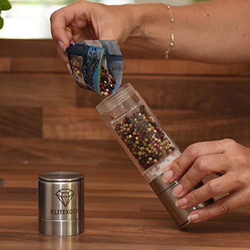 Salz- und Pfeffermühle 2-in-1 Set aus Edelstahl | Premium Gewürzmühle mit Keramikmahlwerk | Hochwertige Doppelmühle mit Acrylglas | Inklusive hochwertigem E-Book - 6