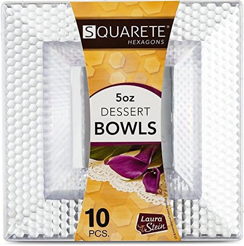 [10 Pack] Clear Square Hard Plastic Disposable Hexagon Design Party Plates (15cm -155ml. Bowls)