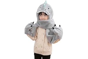 QCHOMEE Kids Hat Gloves Scarf 3 In 1 Set Winter Plush Cartoon Dinosaur Hoodie Gloves Pocket Warm Earflap Full Hood Hats Long Scarf Shawl Wraps Mittens Grey, Green for Girls Boys Age 3-8 Birthday Gift