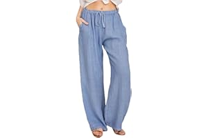 Yutdeng Pantalones Mujer Casuales Pantalones de Lino Algodón Vintage Pantalones Rectos Elástico Pantalone Verano Largos Playa Pantalón Cintura Alta Transpirable con Cordón y Bolsillos