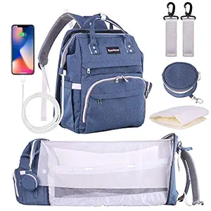 CyanCloud Diaper Bag Backpack with Changing Station, Waterproof Baby Nappy Changing Bags,Large Capacity Detachable Foldable Baby Bed for Bady Toddler, Travel Baby Bag with Crib,Shade Cloth,Mattress