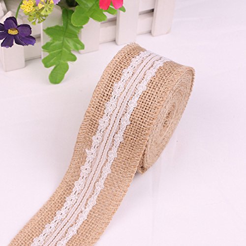 Yalulu 9 Stück 5cm * 2M Vintage Leinwand Hessische Jute Lace Band Handwerk Farbband mit Weisse Spitzen für DIY Handwerk Hochzeit Haus Dekor - 4