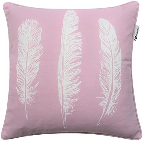Aubina Pink Crossbill Cushion Cover, Blush Modern Feather Print Design Cushion Covers, 100% Cotton Piped Trim Throw Cushion Cases, Sofa Chair Bed Throw Pillow Cases, 18" x 18", 45cm x 45cm