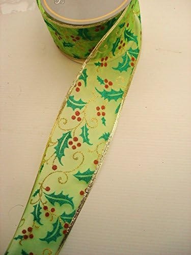 New 10yd Roll Holly&Berry Sheer Fabric Wire Edge Christmas Ribbon 2.5in Wide