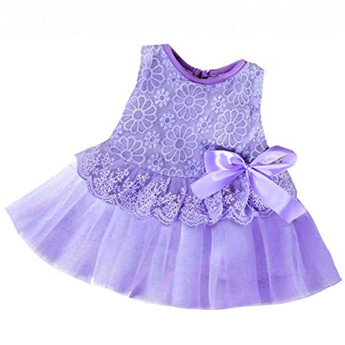 Baby Girls Sleeveless Lace Plain Floral Tutu Dress with Bowknot
