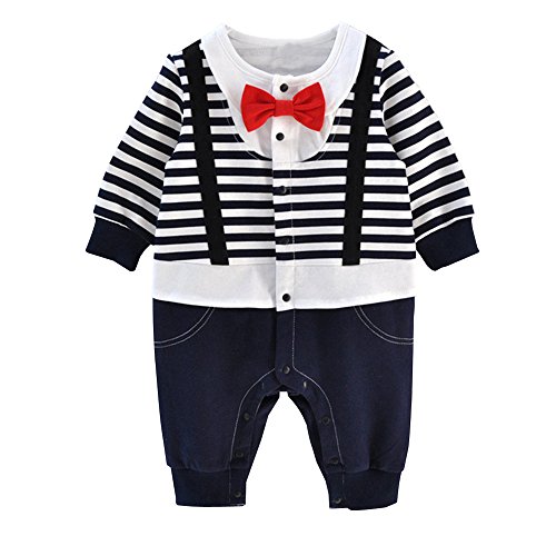 ZOEREA Newborn Infant Toddler Boy Babys Long-sleeved Cotton Gentleman Tuxedo Onesie Romper Jumpsuit Striped Bib Clothes with Red Bowknot