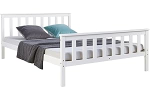 ‎HOMESTYLE4U Homestyle4u Massivholzbett Holzbett 140x200 mit Lattenrost Kopfteil Weiß Doppelbett Bettgestell Bett Holz Kiefer