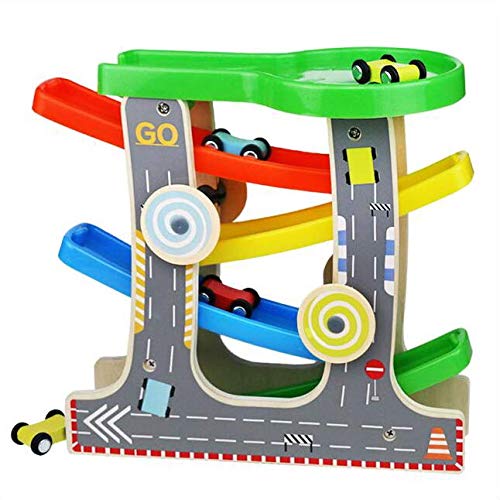 yoptote Pista in Legno per Macchinine Gioco Click Clack con 4 Auto da Corsa 4 Rampa Giocattolo Bambini Small Foot Include Area Parcheggio 3,4,5,6 Anni