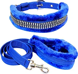 PEDIGONE Dog Belt Combo of Nylon Blue Fur Padded Dog Collar with Soft Handle Fur Padded Dog Leash for All Breeds of Dog Collar Leash (Medium)