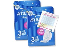 JASPEM Always Classic Night Sanitary Pads (Size 3) 16 Pads with Wings | Extra Absorbency | 3D Protection Zones | Secure Fit | Sanitary Napkins | Pack of 2X 8