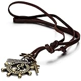  JewelryWe Schmuck Leder Kette mit Piraten Anker, Ringen, Kreuz und Schrift Tag Anhänger, Braun Halskette für Damen und Herren