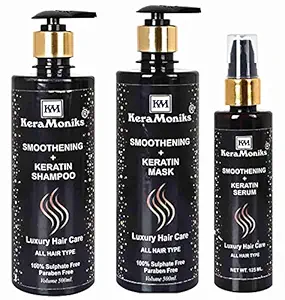 Keramoniks Luxury Smoothening + Keratin Ultimate Hair Care Kit -Shampoo+Conditioner+Hair Serum-Pack Of 3-for Dry|Damaged|Frizzy Hair|Frizz Control|Infused with Keratin, VitaminE