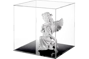 FINGERINSPIRE Vitrina acrílico transparente con base negra y 4 anillos goma 26x26x25cm, cubo transparente, automontaje, caja acrílico a prueba polvo para figuras acción, coleccionables juguetes