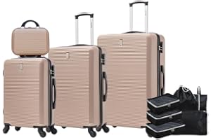 CELIMS - Juego de 4 Maletas Rígidas con Organizador de Viaje | Cabina + Mediana + Grande | 55x35x25 cm + 65 cm + 75 cm | Set de 4 Maletas | Champán