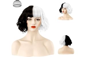 Aomig Peruka czarno-biała - krótka, falista, syntetyczna peruka dla kobiet, pół czarna i pół biała - włosy cosplayowe na Halloween, karnawał, imprezę
