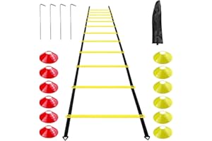 Frevoitna Accessoires d'entraînement de Football échelle de Coordination échelle d'entraînement, échelles de Coordination avec 12 cônes 4 poteaux Ensemble d'entraînement de Football