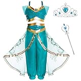 Gran disfraz de jazmín para niñas: impresionante disfraz de princesa Jasmine de Aladdin. Este atuendo incluye un hermoso top corto de danza del vientre con hombros descubiertos, un pantalón con banda elástica. Perfecto para tu pequeña niña que quiere ser una brillante y encantadora princesa Jasmine.