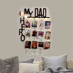 VAH- Kya Bat Hai !! My Dad My Hero Designed Hanging Photo Display Picture Frame Collage with Wood Clips and LED Light for Wall Decor