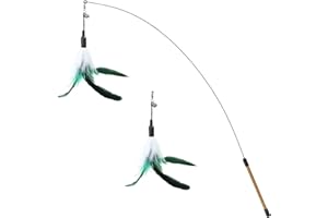 Pawaboo Giocattolo per Animale Domestico, Bacchetta con Piuma Volante e Campanella per Caccia e Canzonatura per Gatto, di Extra Lunghezza 88 cm, Bianco & Giallo