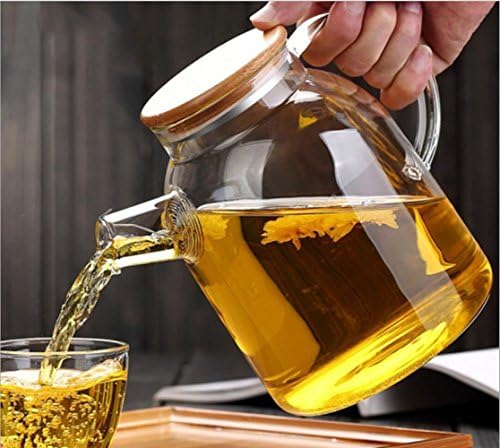 Glass Water Pitcher,Ice Cold Juice Carafe Glass Jug Tea Kettle with Crystal Handle and Bamboo Lid Cover for Milk, Red wine, Cold water, Fruit juice, Hot coffee, Ice drinks etc (1000 ML)