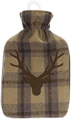 Applique Stags Head Tartan Check Brushed Cotton 2L Hot Water Bottle (Brown)