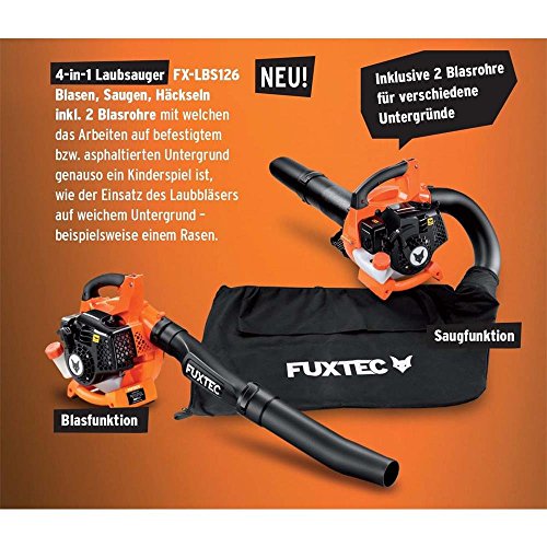 FUXTEC Benzin Laubsauger FX-LBS126 Laubbläser Häcksler 4in1 Funktion inkl. zwei Blasrohre und Fangsack, getestet Oberklasse 1,4 - 2