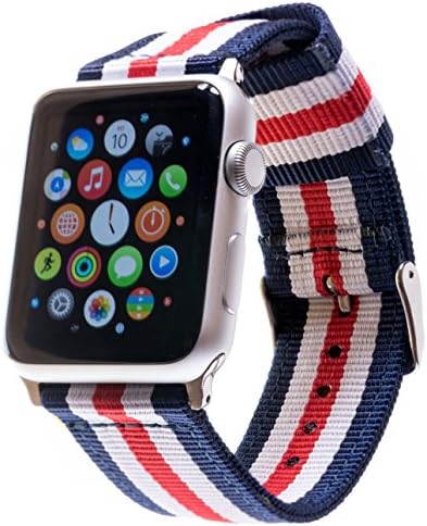 LOJI Apple Watch Strap 38mm 42mm iWatch Canvas Nato Strap Watch Strap black and silver adapter different colours and styles (Blue-White-Red-White-Blue 42mm Silver Adapter)