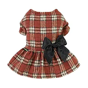 Fitwarm Lightweight Faux Woolen Plaid Dog Dresses Sweatshirts Bowknot Pet Winter Clothes One-Piece Breathable Skirt Girl Doggie Dress Cat Outfits Apparel Dark Orange Small