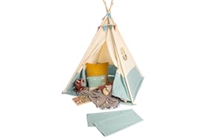 Pinolino Namiot Tipi Yuma, z materiału i drewna, z oknem, matą podłogową i workiem do przechowywania, dla dzieci od 3 J, materiał w pastelowych odcieniach i proporczykach