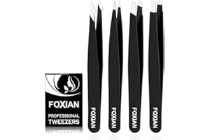 Foxian Tweezers for Facial Hair Women - Stainless Steel Eyebrow Slanted Tip for Accurate & Precise Grooming of Eyebrows Professional Tweezers for Men (4 Pcs)