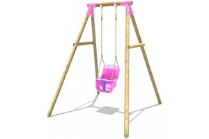 Rebo® Children's Wooden Garden Swing Set - Pluto Pink | OutdoorToys | Pressure Treated Timber, Soft Feel Ropes, Pink Baby Swing, Sturdy Construction for Kids
