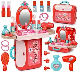 zest 4 toyz Beauty Set for Kids Girls 3 in 1 Learning Educational Make Up Suitcase Kit with Makeup Accessories Pretend Play Set Portable Suitcase Toy Gift for Girls - Pink