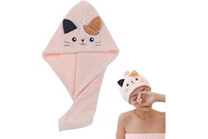 HAMKU Turbante per Capelli, Asciugatura Rapida, in Microfibra, Super Assorbente, Morbido, Anti-Crespo, Asciugamano per Capelli Donna, Chiusura con Bottone, Tema Gatto, Rosa, 1 pezzo