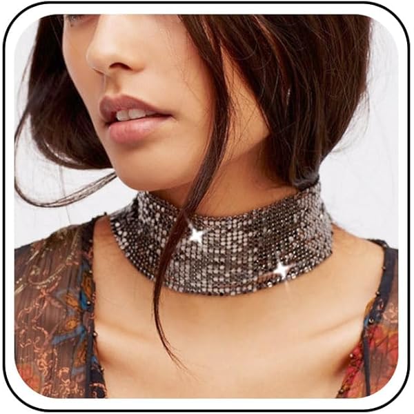 TseenYi Punk Metal Mesh Choker Necklace Black Sequin Mesh Wide 
